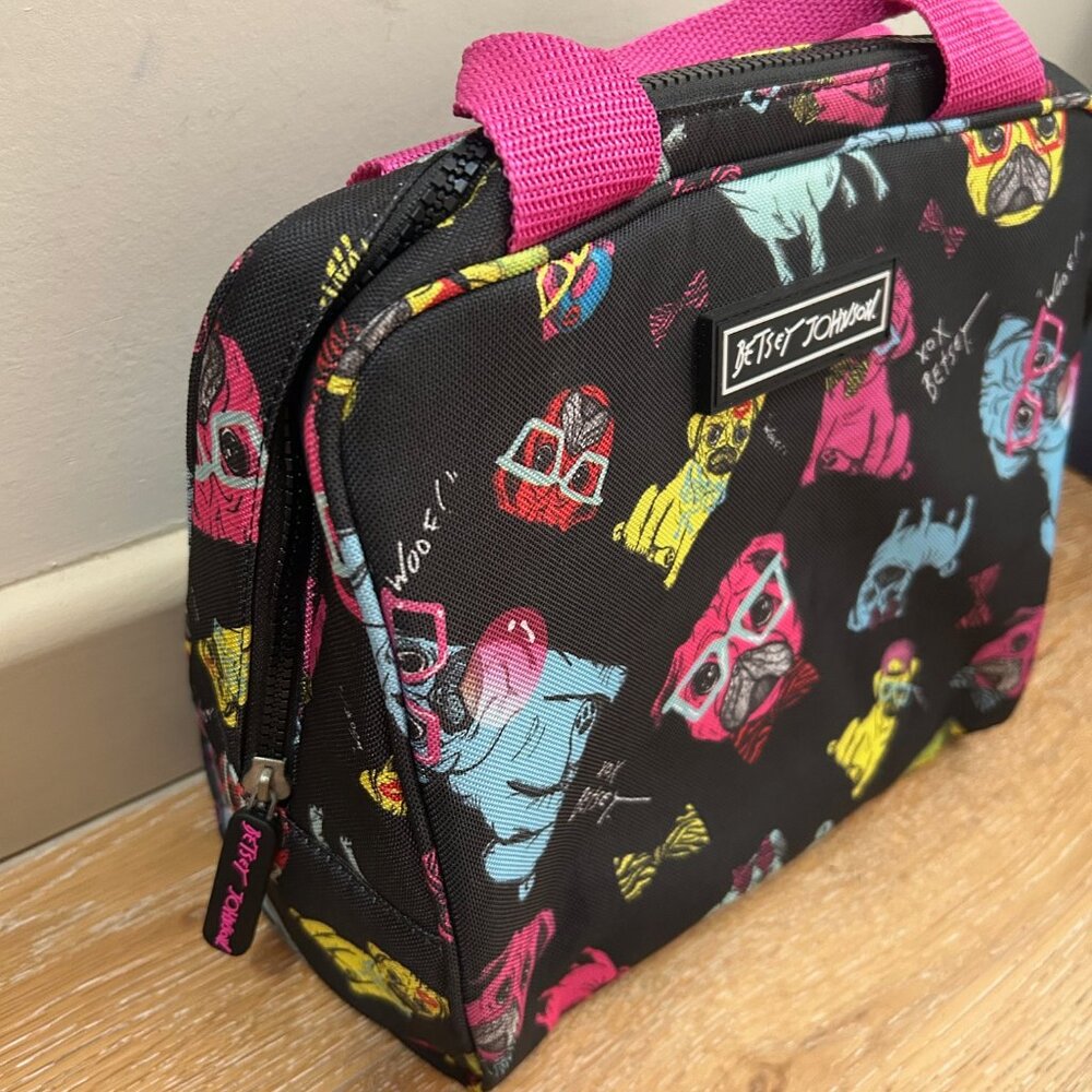 Betsey Johnson Insulated Lunch Box Tote Bag Neon Dogs Pugs with Glasses Rare - Picture 4 of 7